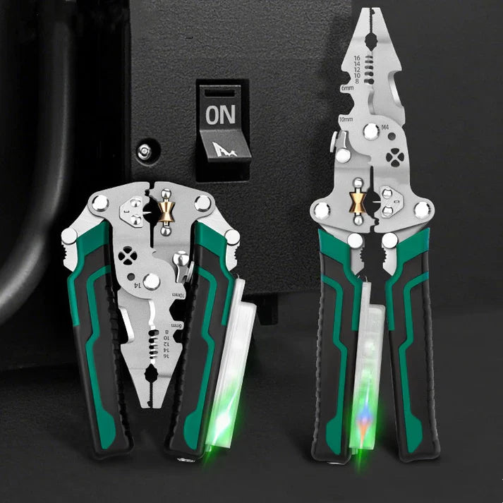 Alicate multifuncional dobrável para decapagem de fios com teste elétrico.